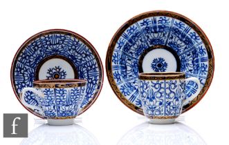 Two Worcester 'Royal Lily' matched teacups and saucers, circa 1780, one teacup with crescent