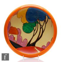 A large Clarice Cliff Blue Autumn Hiawatha floating bowl circa 1930, hand painted to the central