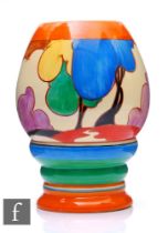 A Clarice Cliff Blue Autumn shape 362 vase circa 1931, hand painted with a stylised tree and cottage