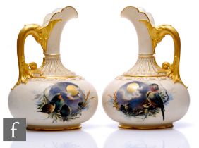 A pair of late 19th Century Royal Worcester ewers, shape 1136, of squat ovoid form with tall