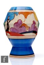 A Clarice Cliff Blue Autumn shape 365 vase circa 1930, hand painted with a stylised tree and cottage