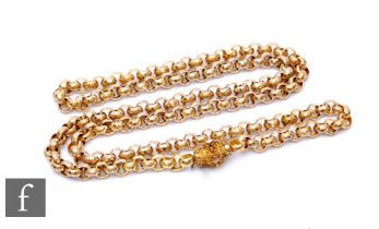 A 19th Century 9ct fancy belcher link chain, weight 38.5g, length 77cm, terminating in a fancy