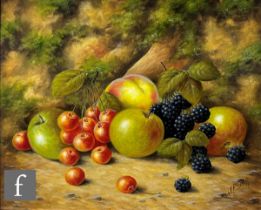 JOHN F. SMITH (BORN 1934) - Apples, blackberries and cherries on a mossy bank, oil on board, signed,