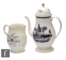 A large late 18th Century Creamware coffee pot circa 1785, the footed swollen ovoid body with