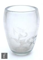 A Czechoslovakian post war crystal glass vase of swollen ovoid form, cut and engraved with a