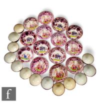 A collection of mid 19th Century Sunderland lustre tea bowls and saucers transfer printed in the