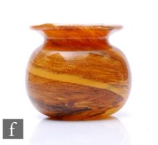 A contemporary Alum Bay studio glass vase of globe form with everted rim, tonal brown swirls over