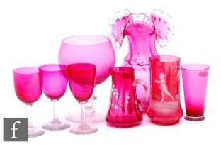 A collection of 19th Century and later ruby glass to include a large frill rim vase, wrythen goblet,