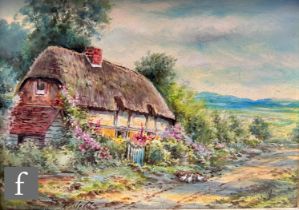 RAYMOND POOLE (BORN 1935) - A rural thatched cottage, oil on board, signed, dated 1967 verso,