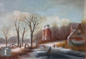 J. MEISER (LATE 20TH CENTURY) - A Dutch winter landscape with figures skating on a frozen canal, oil