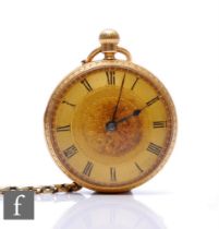 An 18ct hallmarked crown wind fob watch, Roman numerals to a gilt dial, no dust cover, case diameter