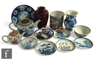 A collection of 18th Century Chinese porcelain items, to include a blue and white baluster vase, a