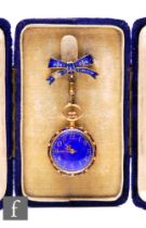 A late 19th Century continental 18ct miniature fob watch, gilt Arabic numerals to a blue enamelled