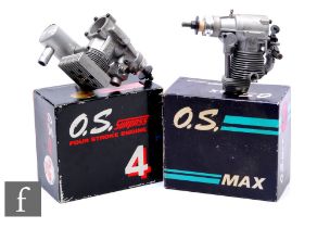 An unused Japanese O.S Max SF 4D four stroke model aircraft engine and a F S Surpass 48 engine