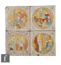 Four Copeland 6 inch tiles, all decorated with scenes from medieval tales, each with coloured