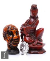 A collection of Chinese items, to include a Chinese carved amber style erotic head seal, height 8cm,