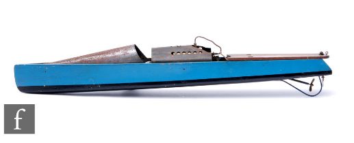 A Bowman type spirit fired motor launch with boiler cover and painted blue wooden hull with