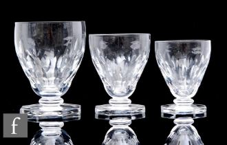 A part suite of French clear cut crystal drinking glasses, possibly St Louis, with repeat lozenge