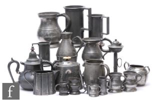 A collection of 19th and 20th Century pewter tavern mugs, gill measures, a chamber stick etc. (qty)