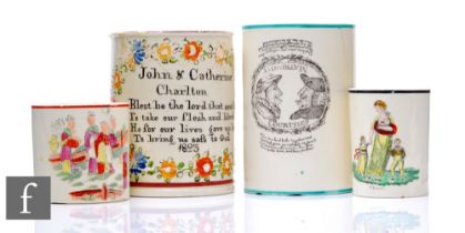 An early 19th Century tankard handpainted with John & Catherine Charlton with a religious motto