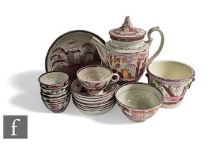 A quantity of mid 19th Century Sunderland lustre wares to comprise coffee pot, large shallow dish,