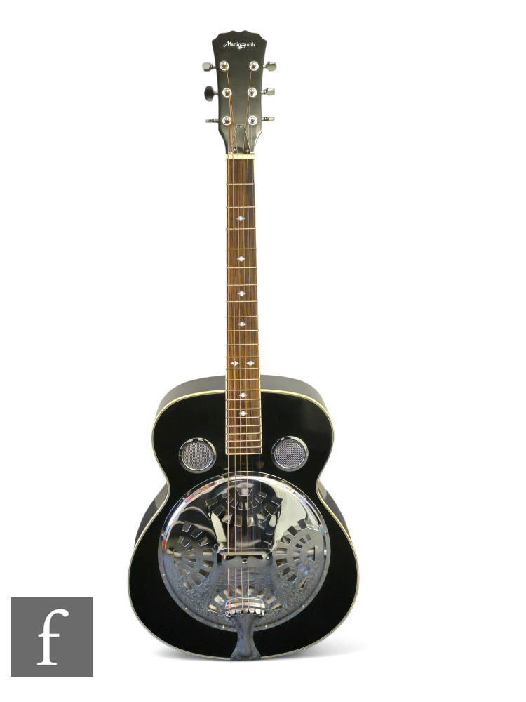 A Martin Smith resonator semi-acoustic six string guitar with mother of pearl fret work, with a