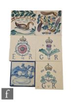 Three 1930s 6 inch tile blanks, secondary painted to commemorate George V, George VI and Edward