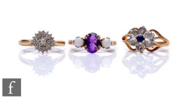 Three 9ct hallmarked stone set rings to include a diamond cluster and other examples, total weight