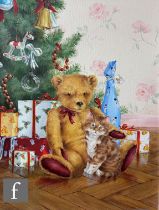 LESLEY HOWELL (CONTEMPORARY) - Teddy bear and kitten, oil on canvas, signed, framed, 41cm x 30cm,