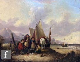 FOLLOWER WILLIAM SHAYER (1787-1879) - Fisherfolk on a beach at low tide, oil on canvas, framed, 71cm