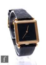 A gentleman's 9ct Bueche Girod quartz wrist watch, black square dial, case diameter 30mm, to a black