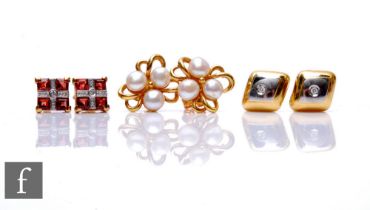 Three pairs of 9ct stone set stud earrings to include diamond and pearl examples, total weight