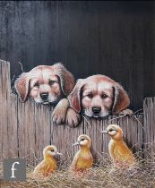 RAY HARDCASTLE (CONTEMPORARY) - Labrador puppies and ducklings, acrylic on board, signed, framed,