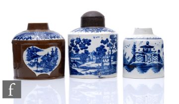 An 18th Century Batavian Ware Leeds Pottery tea canister, decorated with blue and white transfer