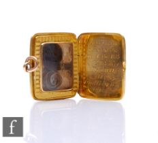 A 19th Century 15ct engine turned rectangular gold memorial locket engraved 'George Charles Lord