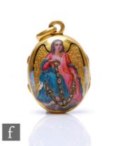 A 19th Century French 18ct oval locket with enamelled decoration of an angel holding a diamond set