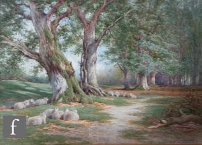 CHARLES JAMES ADAMS (1859-1931) - Sheep resting in the shade of an oak tree, watercolour, signed,