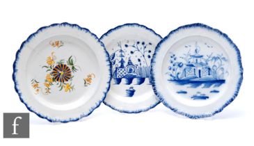 A late 18th Century Leeds type Pearlware plate circa 1790, hand enamelled in blue and white with a