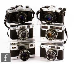 A collection of Fujica cameras 325mm rangefinder cameras, to include two 35ML, 35SE, two STXI,