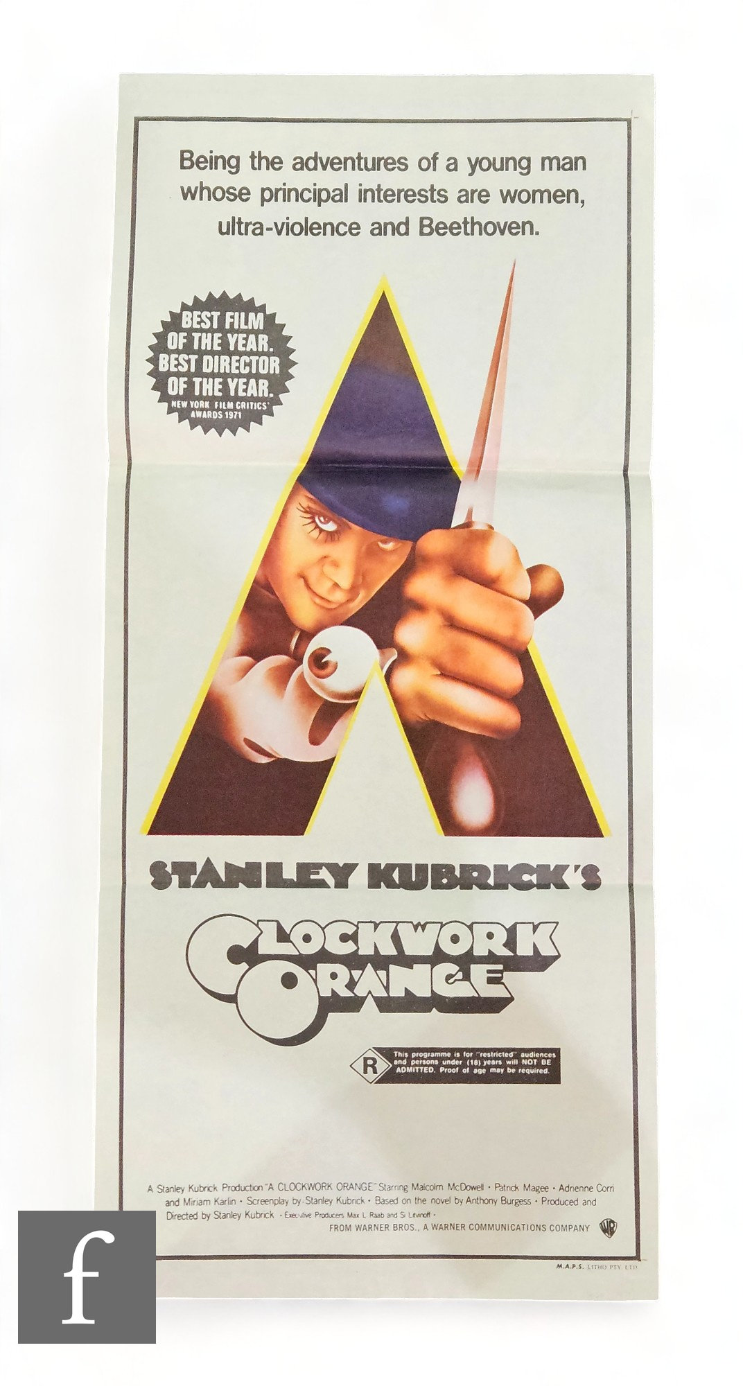 A collection of film posters, all Australian Daybills, comprising Clockwork Orange, Gone With the