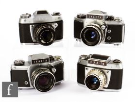 Four Ihagee Exakta SLR cameras, to include three VX1000 and one EXA IIb.