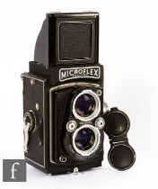 A Microprecision Products Microflex medium format twin lens reflex film camera.
