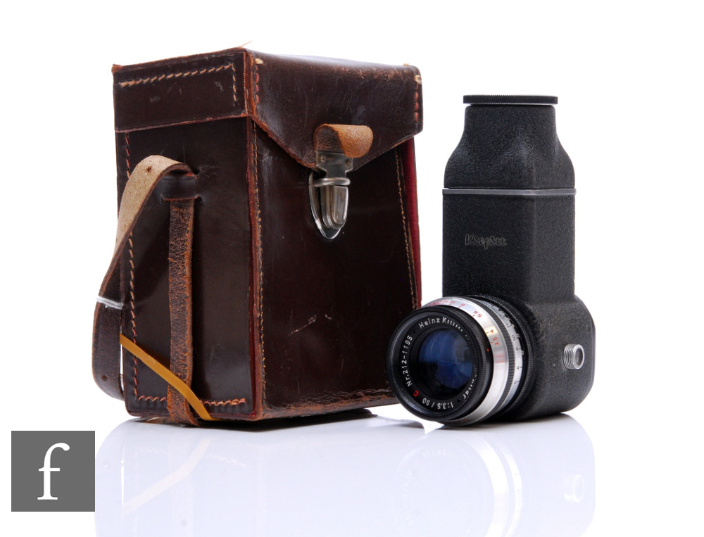 A Heinz Kilfitt Munchen Kilar C f3.5 90mm lens, serial number 212-1195, with original leather case.