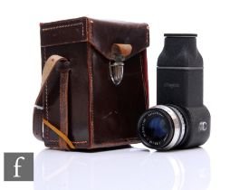 A Heinz Kilfitt Munchen Kilar C f3.5 90mm lens, serial number 212-1195, with original leather case.
