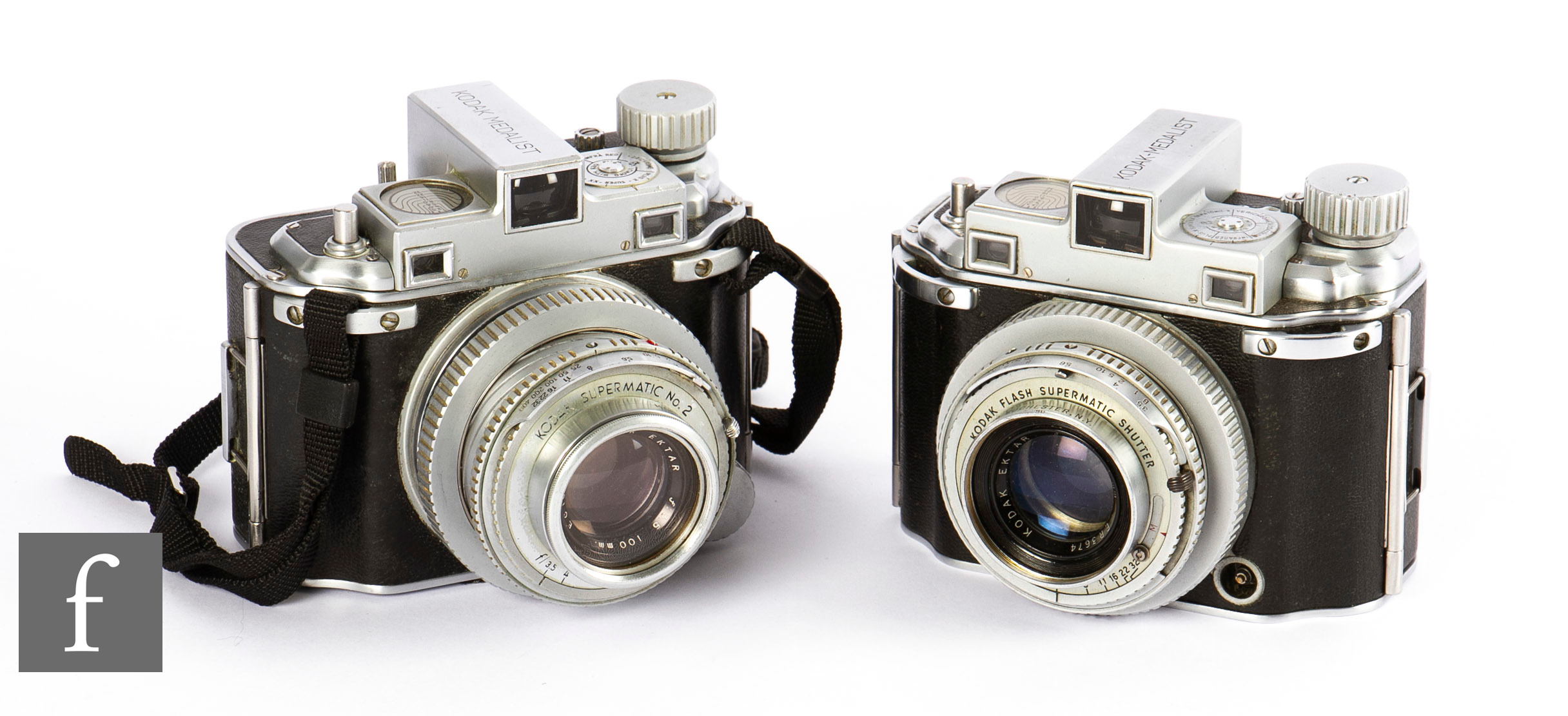 Two Kodak Medalist Medium Format Rangefinder Cameras, chrome, for 620 roll film, both with Ekltar