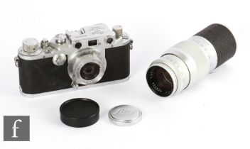 A Leica IIIc, circa 1940, serial number 366491, with Leitz Elmar f3.5 50mm collapsible lens.