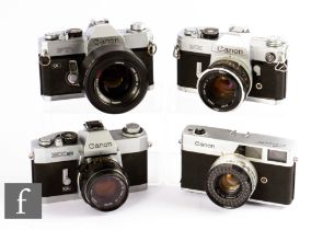 A collection of Canon 35mm SLR cameras to include Canon FTb with Canon 55mm f1.2 lens, serial number