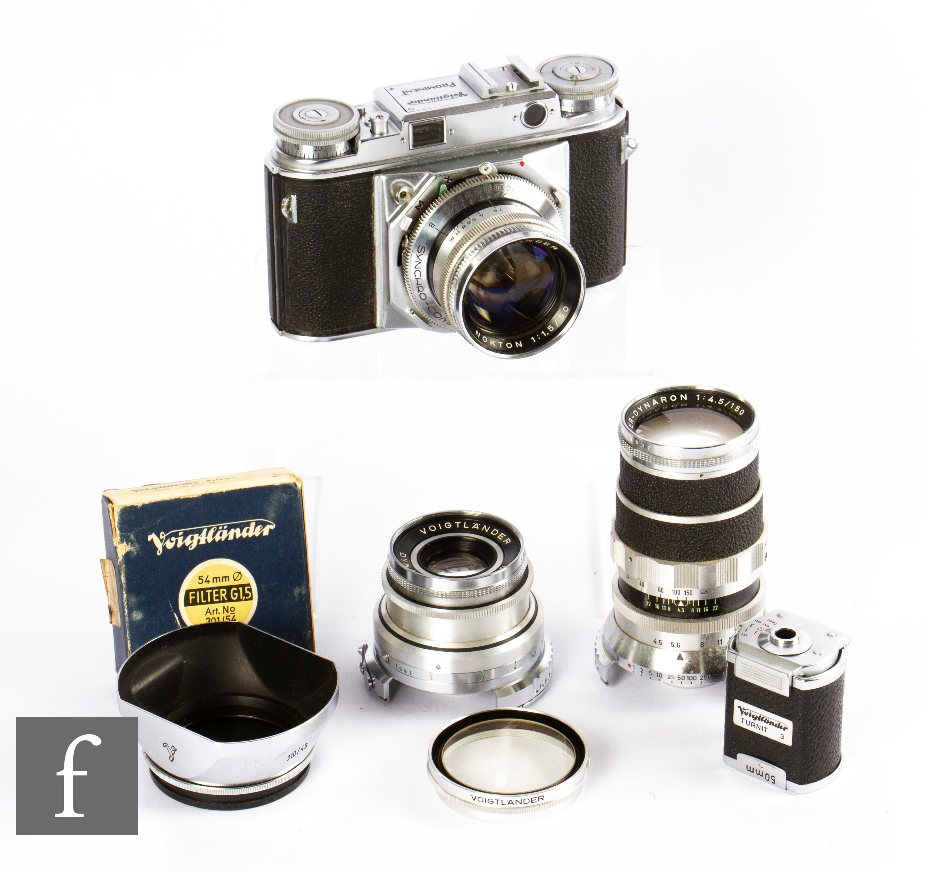 A Voigtlander Prominent Rangefinder Camera outfit, serial number B57568, 1950-57, chrome, with