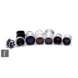 A collection of Soviet screw mount camera lens, to include f2 85mm, No. 5100489, f6 28mm, No.