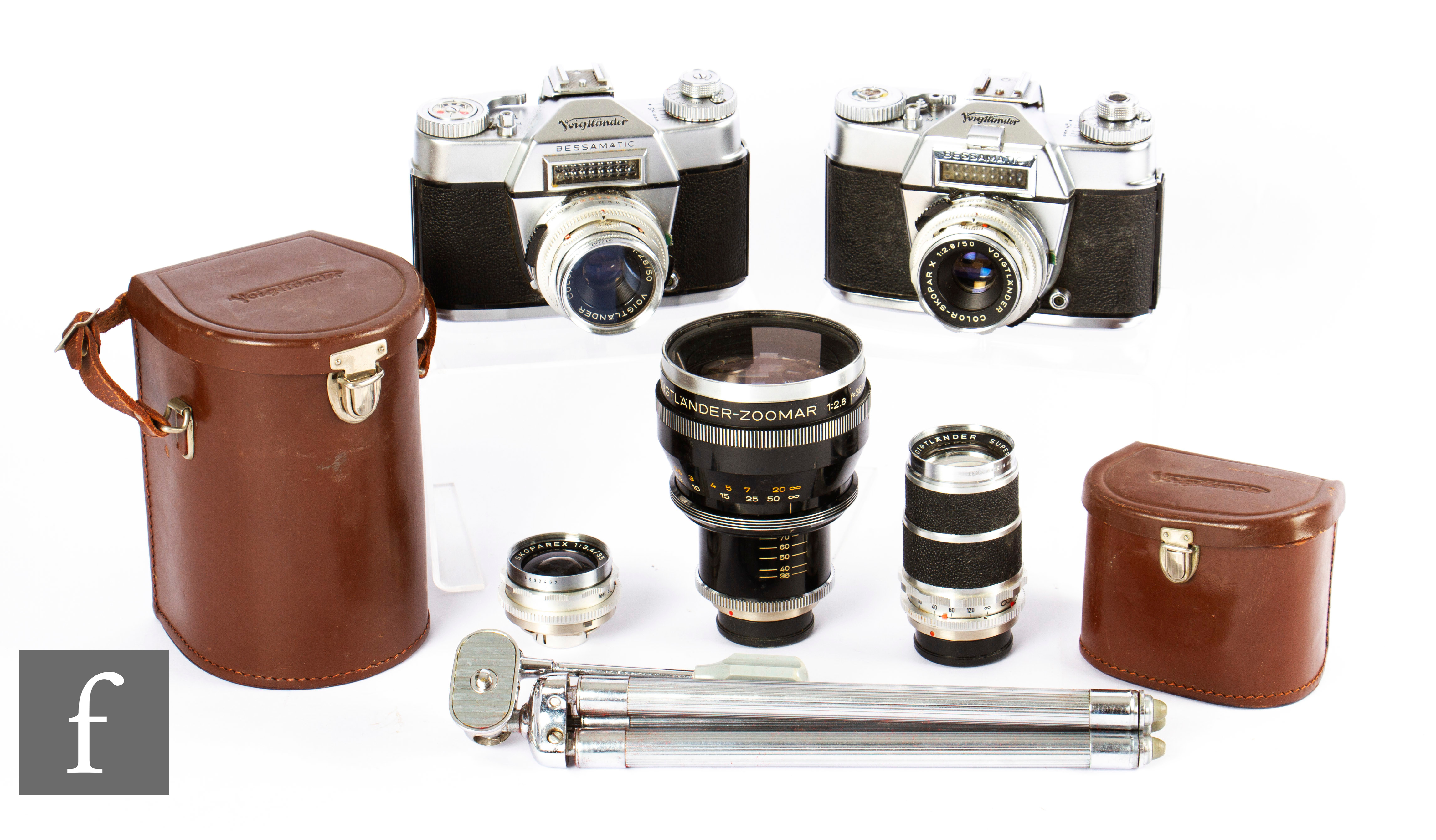 A Voigtländer Bessamatic camera outfit, to include two Bessamatic bodies, serial numbers 96201 and